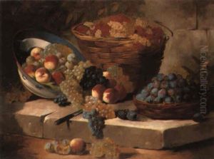 A Basket Of Fruit On A Stone Ledge by Ludovic Regnier