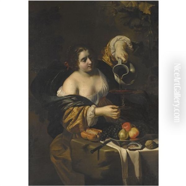 A Young Woman Pouring Red Wine From A Pitcher Into A Glass, A Still Life Of Grapes, A Pear And Apples On A Silver Platter, A Knife And Bread-roll, And Oysters Nearby - view 1