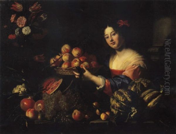 Giovane Donna Con Un Fiocco Rosse Nei Capelli Ed Un Canestro Di Pesche, Presso Un Vaso Di Fiori - view 1