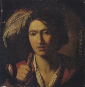 A Portrait Of A Young Man Wearing A Plumed Hat And Holding A Flute