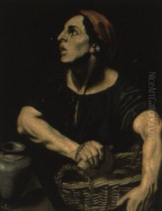 Man Holding A Basket Of Bread By A Pitcher On A Table