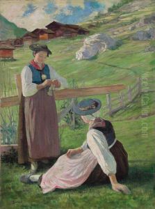 Deux Valaisannes Dans La Prairie by Julia Bonnard