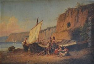 Famille De Pecheurs Napolitains Sur La Greve by Alphee De Regny
