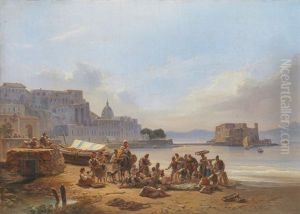 Ihren Fang Feilbietende Fischer Vor Neapel Mit Castel Dell'ovo by Alphee De Regny
