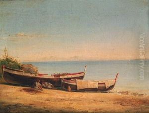 Barque Sur Un Rivage D'italie Avec Deux Pecheurs by Alphee De Regny