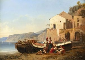 Fischerfamilie An Der Amalfitanischen Kuste by Alphee De Regny