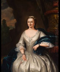 Portrait Of An Elegant Woman In A White Dress Wearing A Blue Stole And A Red Carnation In Her Hand