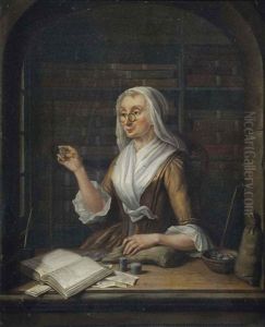 A Woman Counting Money In A Niche, An Archive In The Background