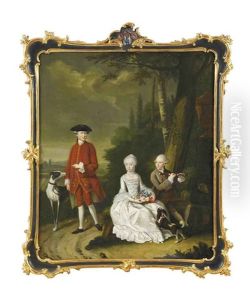 A Group Portrait Of Isaac Willensz Hooft, Daniel Willensz Hooft And Clare Hidegonda Hooft With A Spaniel And Lurcher In A Landscape by Tiebout Regters