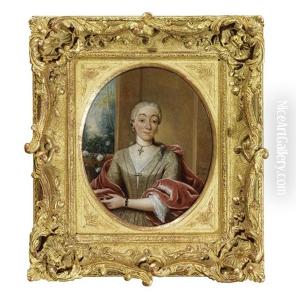 Portrait Of A Lady, Half Length, Wearing A Beige Dress And A Red Velvet Stole - view 1