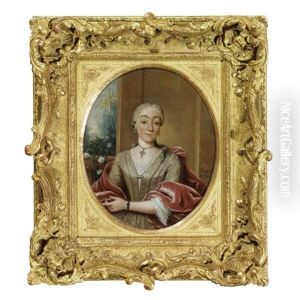 Portrait Of A Lady, Half Length, Wearing A Beige Dress And A Red Velvet Stole by Tiebout Regters