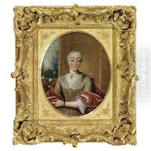 Portrait Of A Lady Wearing A Beige Dress And A Red Velvet Stole by Tiebout Regters