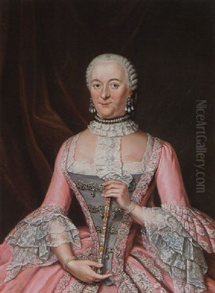 A Portrait Of A Lady Wearing An Embroidered Pink Satin Dress With Grey Bodice, Lace Cuffs And Collar Holding A Fan - view 1