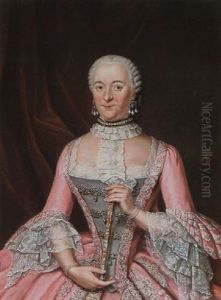 A Portrait Of A Lady Wearing An Embroidered Pink Satin Dress With Grey Bodice, Lace Cuffs And Collar Holding A Fan