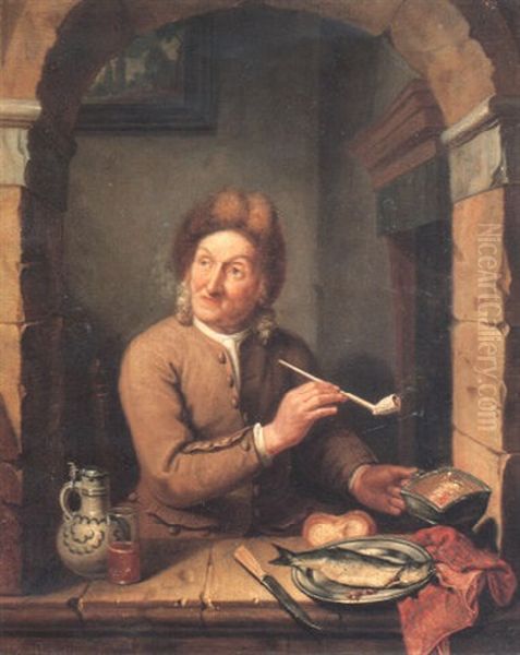 A Gentleman Seated At An Arched Window Smoking A Clay Pipe - view 1