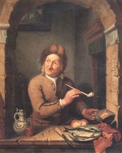 A Gentleman Seated At An Arched Window Smoking A Clay Pipe by Tiebout Regters