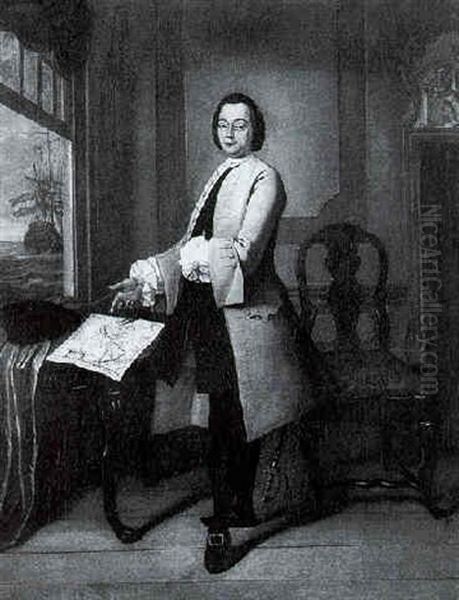 Portrait Of A Gentleman Standing In An Interior, With A Map Of The Americas Resting On A Table And A Ship Beyond Seen Through A Window - view 1