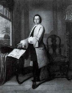 Portrait Of A Gentleman Standing In An Interior, With A Map Of The Americas Resting On A Table And A Ship Beyond Seen Through A Window