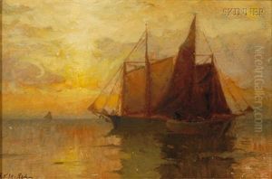 Sailing Vessel At Sunset by Frank Knox Morton Rehn