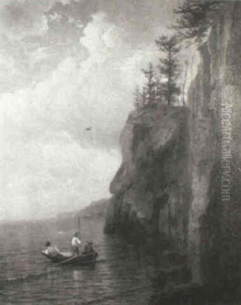 Three Boys In Small Boat Near A Cliff Shore - view 1