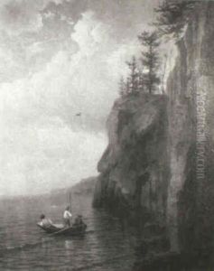 Three Boys In Small Boat Near A Cliff Shore by Frank Knox Morton Rehn