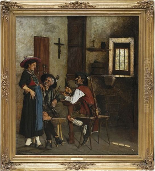 Zwei Jager Mit Einem Dirndl In Der Stube - view 1
