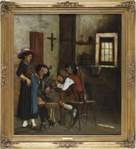 Zwei Jager Mit Einem Dirndl In Der Stube by Woldemar Graf von Reichenbach