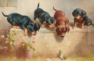 Curious Dachshund Puppies And A Frog by Carl Reichert
