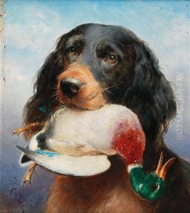 Gordon Setter With Mallard Duck by Carl Reichert