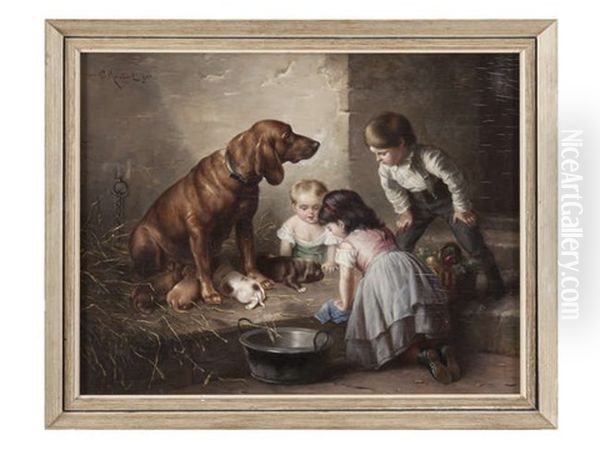 Children Playing With Dog And Puppies - view 1