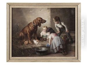 Children Playing With Dog And Puppies