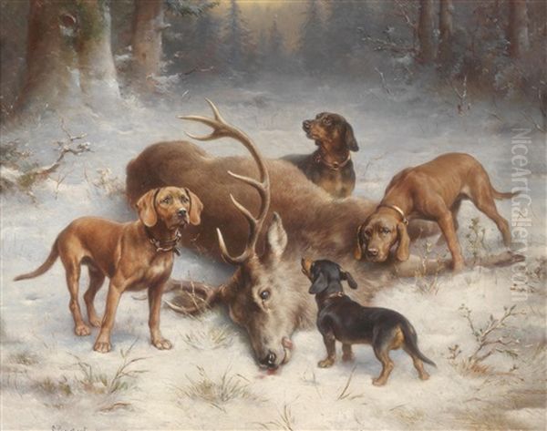 Bloodhounds Beside A Stag After The Hunt - view 1