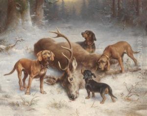 Bloodhounds Beside A Stag After The Hunt by Carl Reichert