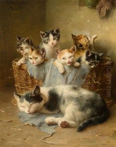 Schlafende Katzenmutter Mit Ihren Jungen In Einem Korb by Carl Reichert