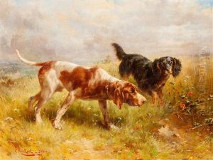 Zwei Jagdhunde Auf Der Pirsch by Carl Reichert