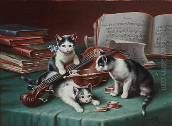Three Kittens Are Playing With The Musicians Violin - view 1
