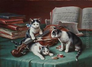 Three Kittens Are Playing With The Musicians Violin by Carl Reichert