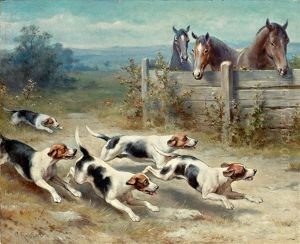 Jack-russell-meute Auf Der Jagd, Hinter Hag Drei Pferde by Carl Reichert
