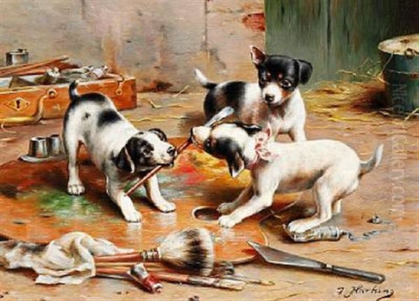 Three Puppies Are Playing With The Artist's Paintbrush, Palette And Colors - view 1