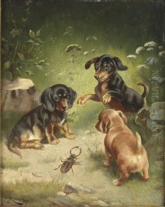 Dackelwelpen Beim Spiel by Carl Reichert