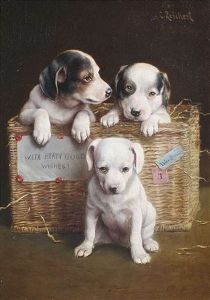Drei Hundewelpen Mit Einem Korb by Carl Reichert