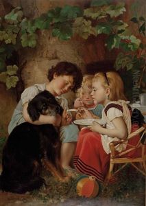 Drei Kinder Beim Hundefuttern by Carl Reichert