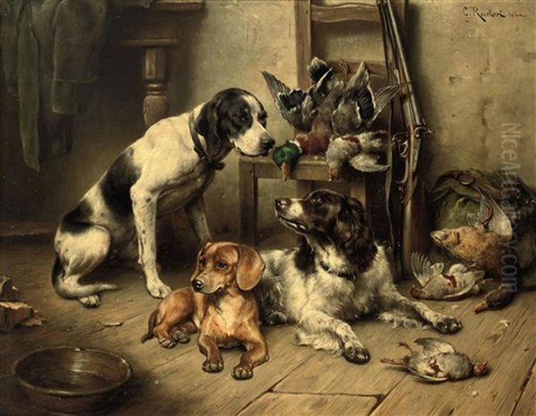 An English Pointer, A Dachshund And An English Springer Spaniel After The Hunt - view 1