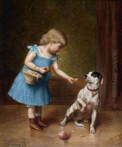 Genre Scene With Young Girl Feeding A Dog by Carl Reichert