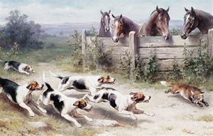 Fuchs Auf Der Flucht Vor Jagdhunden, Pferde Schauen Zu by Carl Reichert