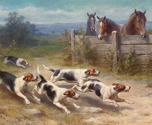 Jack-russell-meute Auf Der Jagd, Hinter Hag 3 Pferde - view 1