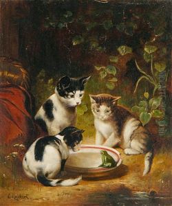 Drei Katzchen Beobachten Neugierig Einen Frosch Am Wassernapf by Carl Reichert