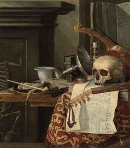 Vanitas: A Skull, A Violin, An Upturned Tazza, Books, Tarot Cards,a Fob Watch, A Clay Pipe, A Taper, And A Pouch Of Tobacco On Apewter Plate, On A Wooden Table Draped With A Rug