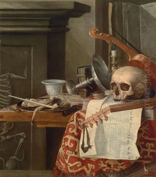 Vanitas: A Skull, A Violin, An Upturned Tazza, Books, Tarot Cards, A Fob Watch, A Clay Pipe, A Taper, And A Pouch Of Tobacco On A Pewter Plate, On A Wooden Table Draped With A Rug - view 1