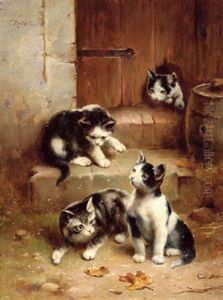 Vier Neugierige Katzenkinder by Carl Reichert